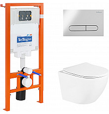 Комплект унитаза с инсталляцией BelBagno Uno BB3105CHR/SC/BB002-80/BB005-PR-CHROME с сиденьем Микролифт и клавишей смыва Хром глянцевый
