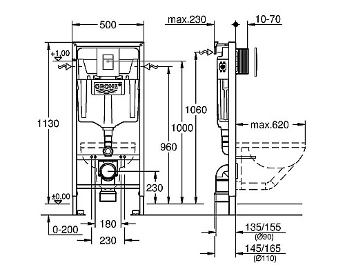 Купить Комплект унитаза Berges Gamma 081105 с инсталляцией Grohe Rapid SL 38772001 с сиденьем Микролифт и клавишей смыва Хром в магазине сантехники Santeh-Crystal.ru
