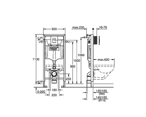 Купить Комплект унитаза CeramaLux B2330-1MB с инсталляцией Grohe Rapid SL 38772001 с сиденьем Микролифт и клавишей смыва Хром в магазине сантехники Santeh-Crystal.ru