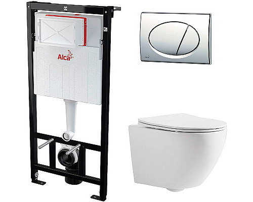 Купить Комплект унитаза CeramaLux 2197 с инсталляцией Alcaplast Sadromodul AM101/1120-3:1 RU M71-0001 с сиденьем Микролифт и клавишей смыва Хром в магазине сантехники Santeh-Crystal.ru