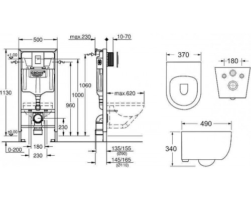 Унитаз с инсталляцией Ceramicanova Play CN3001 + Grohe Rapid SL 38772001 с сиденьем Микролифт и клавишей смыва Хром