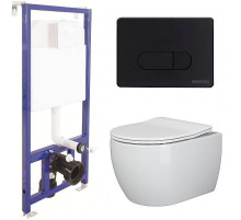 Унитаз с инсталляцией Ceramicanova Play CN3001 + Berges Novum D5 040235 с сиденьем Микролифт и Черной матовой клавишей смыва