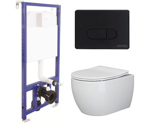 Комплект унитаза Ceramicanova Play CN3001 с инсталляцией Berges Novum D5 040235 с сиденьем Микролифт и Черной матовой клавишей смыва