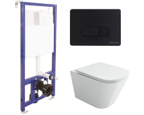 Унитаз с инсталляцией Ceramicanova Union CN4009T + Berges Novum D5 040235 с сиденьем Микролифт и Черной матовой клавишей смыва