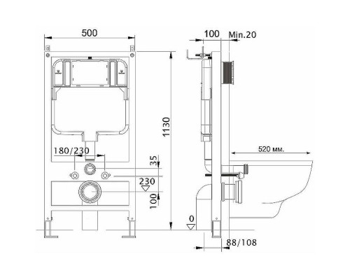 Комплект унитаза Ceramicanova Union CN4009T с инсталляцией WellWant Standart 50 WWISI111BB с сиденьем Микролифт и Черной матовой клавишей смыва