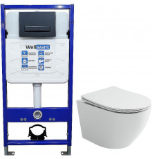 Комплект унитаза Ceramicanova Uno Rimless CN11001 с инсталляцией WellWant Standart 50 WWISI111BB с сиденьем Микролифт и Черной матовой клавишей смыва