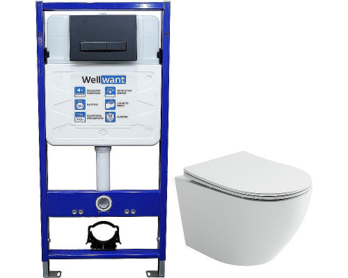 Комплект унитаза Ceramicanova Uno Rimless CN11001 с инсталляцией WellWant Standart 50 WWISI111BB с сиденьем Микролифт и Черной матовой клавишей смыва