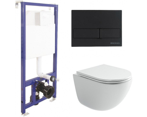 Унитаз с инсталляцией Ceramicanova Vogue CN4008T + Berges Novum L5 040215 с сиденьем Микролифт и Черной матовой клавишей смыва