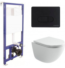 Унитаз с инсталляцией Ceramicanova Vogue CN4008T + Berges Novum D5 040235 с сиденьем Микролифт и Черной матовой клавишей смыва