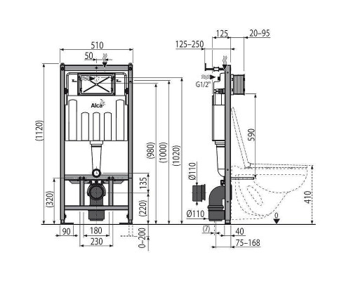 Унитаз с инсталляцией Ceramicanova Vogue CN4008T + Alcaplast Sadromodul AM101/1120-3:1 RU M71-0001 с сиденьем Микролифт и клавишей смыва Хром