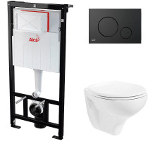 Комплект унитаза Creavit Perla TP320-11CB00E-0000+KC0703.01.0000E с сиденьем Микролифт и инсталляцией Alcaplast Sadroмodul AM101/1120-0001+M678 с Черной матовой клавишей смыва