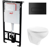 Комплект унитаза Creavit Perla TP320-11CB00E-0000+KC0703.01.0000E с сиденьем Микролифт и инсталляцией Alcaplast Sadroмodul AM101/1120-0001+M578 с Черной матовой клавишей смыва