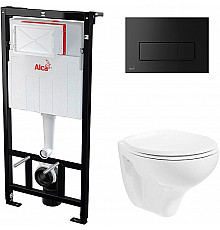 Комплект унитаза Creavit Perla TP320-11CB00E-0000+KC0703.01.0000E с сиденьем Микролифт и инсталляцией Alcaplast Sadroмodul AM101/1120-0001+M578 с Черной матовой клавишей смыва