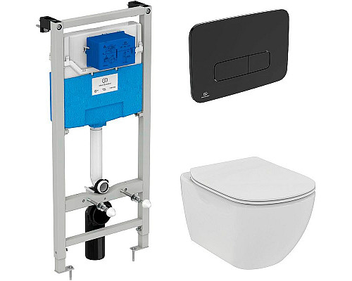 Приобрести Комплект унитаза с инсталляцией Ideal Standard Tesi Rimless TT00003/123A6 с сиденьем Микролифт и Черной матовой клавишей смыва в магазине сантехники Santeh-Crystal.ru