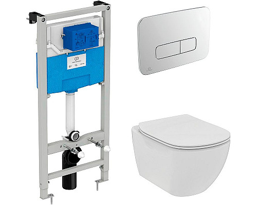 Приобрести Комплект унитаза с инсталляцией Ideal Standard Tesi Rimless TT00003/123AA с сиденьем Микролифт и клавишей смыва Хром в магазине сантехники Santeh-Crystal.ru
