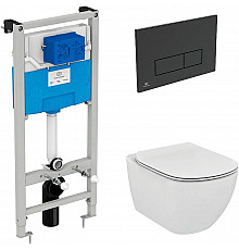 Комплект унитаза с инсталляцией Ideal Standard Tesi Aqua Blade TT00002/121A6 с сиденьем Микролифт и Черной матовой клавишей смыва