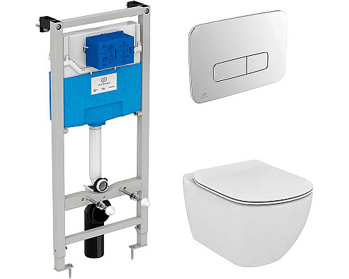 Купить Комплект унитаза с инсталляцией Ideal Standard Tesi Aqua Blade TT00002/123JG с сиденьем Микролифт и клавишей смыва Хром матовый в магазине сантехники Santeh-Crystal.ru