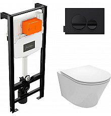 Комплект унитаза с инсталляцией Jacob Delafon Rodin+ E21748RU-00 с сиденьем Микролифт и Черной клавишей смыва