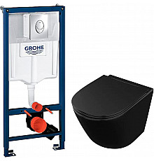 Комплект унитаза Owl 1975 Vind Cirkel-H OWLT190305 с инсталляцией Grohe Rapid SL 38721001 с сиденьем Микролифт и клавишей смыва Хром