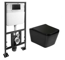 Комплект унитаза с инсталляцией SantiLine SL-5004MB+SL-04 с сиденьем Микролифт и Черной матовой клавишей смыва