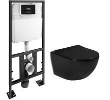 Комплект унитаза с инсталляцией SantiLine SL-5018MB+SL-03 с сиденьем Микролифт и Черной матовой клавишей смыва