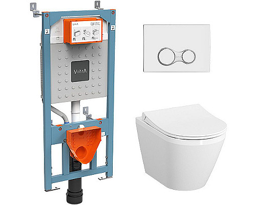 Купить Комплект унитаза с инсталляцией Vitra Integra Round 9856B003-7205 с сиденьем Микролифт и клавишей смыва Хром глянцевый в магазине сантехники Santeh-Crystal.ru