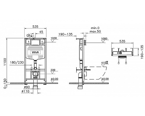 Купить Комплект унитаза с инсталляцией Vitra S 20 9004B003-7207 с сиденьем Микролифт и клавишей смыва Хром глянец в магазине сантехники Santeh-Crystal.ru