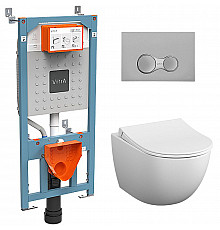 Комплект унитаза с инсталляцией Vitra Sento Rim-Ex 9830B003-7207 с сиденьем Микролифт и клавишей смыва Хром матовый