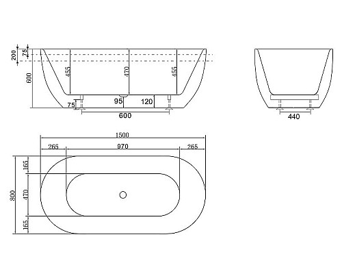 Приобрести Акриловая ванна BelBagno 150x80 BB70-1500-800-W/NM Черная Белая без гидромассажа в магазине сантехники Santeh-Crystal.ru