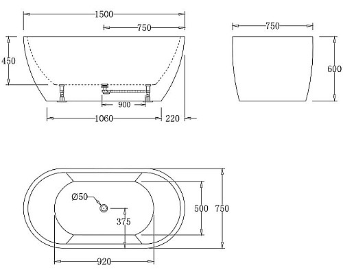 Купить Акриловая ванна BelBagno 150x75 BB70-1500-W0 без гидромассажа в магазине сантехники Santeh-Crystal.ru