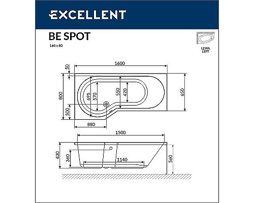 Santeh-Crystal.ru: Акриловая ванна Excellent Be Spot 160x80 L WAEX.BSL16.SOFT.GL с гидромассажем Заказать Акриловая ванна Excellent Be Spot 160x80 L WAEX.BSL16.SOFT.GL с гидромассажем в магазине сантехники Santeh-Crystal.ru