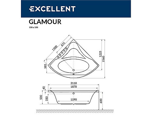 Santeh-Crystal.ru: Акриловая ванна Excellent Glamour 150x150 WAEX.GLA15.ULTRA.CR с гидромассажем Заказать Акриловая ванна Excellent Glamour 150x150 WAEX.GLA15.ULTRA.CR с гидромассажем в магазине сантехники Santeh-Crystal.ru