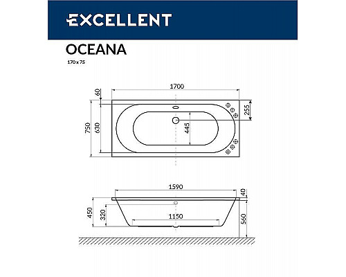 Заказать Акриловая ванна Excellent Oceana Slim 170x75 WAEX.OCE17S.NANO.CR с гидромассажем в магазине сантехники Santeh-Crystal.ru