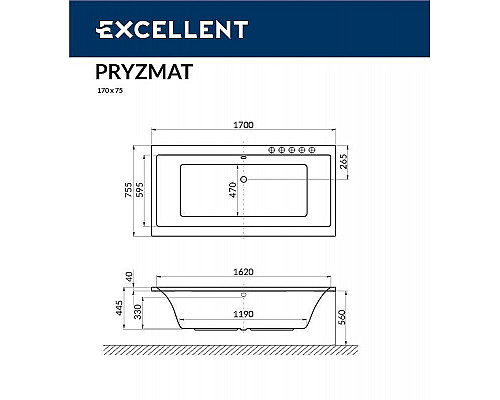 Купить Акриловая ванна Excellent Pryzmat Slim 170x75 WAEX.PRY17S.RELAX.BR с гидромассажем в магазине сантехники Santeh-Crystal.ru