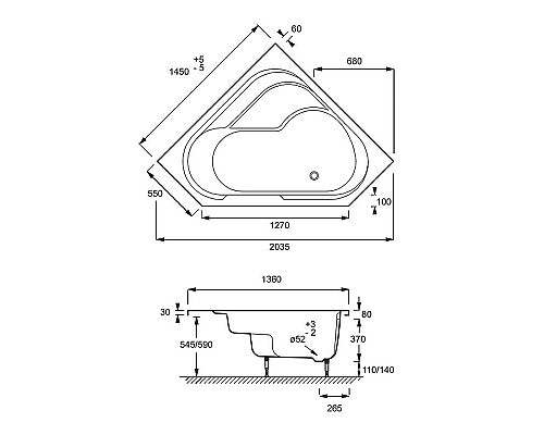 Купить Акриловая ванна Jacob Delafon Bain Douche 145x145 R E6221RU-00 без гидромассажа в магазине сантехники Santeh-Crystal.ru