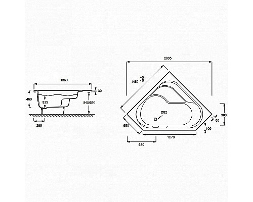 Купить Акриловая ванна Jacob Delafon Bain Douche 145x145 L E6222RU-00 без гидромассажа в магазине сантехники Santeh-Crystal.ru