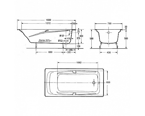 Заказать Чугунная ванна Jacob Delafon Repos 160x75 E2929-00 с антискользящим покрытием в магазине сантехники Santeh-Crystal.ru