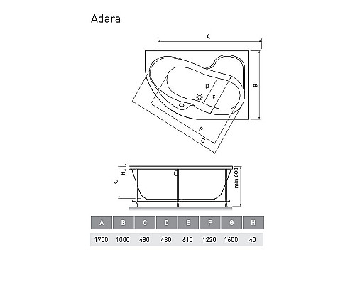 Заказать Акриловая ванна Relisan Adara 170x100 R Гл000013732 без гидромассажа в магазине сантехники Santeh-Crystal.ru
