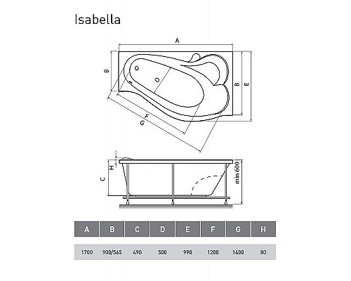 Купить Акриловая ванна Relisan Isabella 170х90 R Гл000010530 без гидромассажа в магазине сантехники Santeh-Crystal.ru