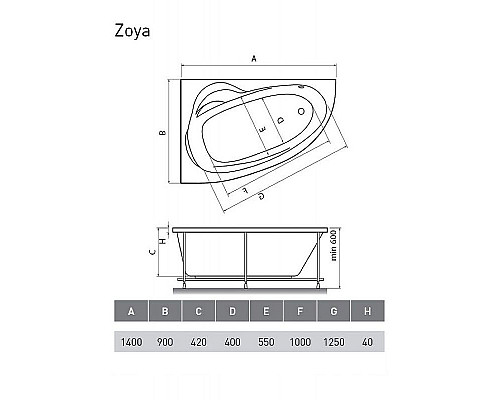 Приобрести Акриловая ванна Relisan Zoya 140x90 L Гл000001247 без гидромассажа в магазине сантехники Santeh-Crystal.ru