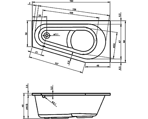 Приобрести Акриловая ванна Riho Delta 150x80 B067001005 (BB8100500000000) L без гидромассажа в магазине сантехники Santeh-Crystal.ru