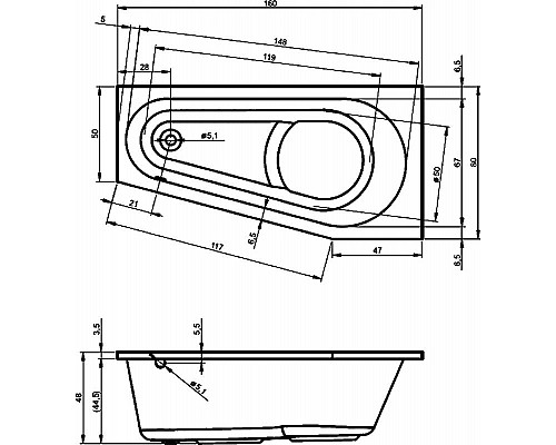 Купить Акриловая ванна Riho Delta 160x80 B069001005 (BB8300500000000) L без гидромассажа в магазине сантехники Santeh-Crystal.ru