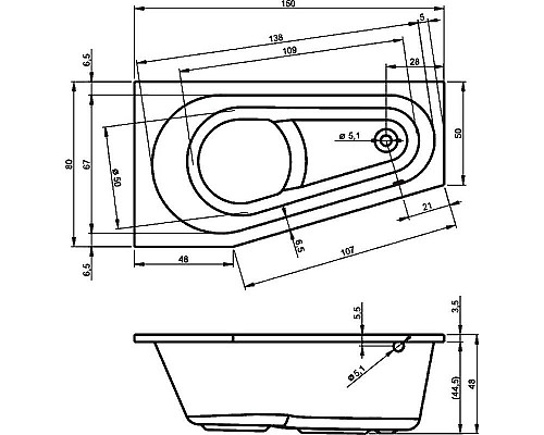Приобрести Акриловая ванна Riho Delta 150x80 B066001005 (BB8000500000000) R без гидромассажа в магазине сантехники Santeh-Crystal.ru
