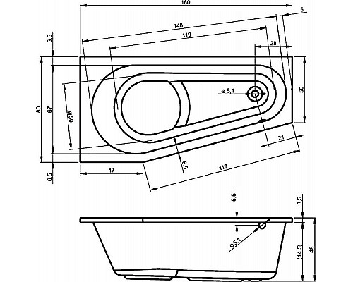 Приобрести Акриловая ванна Riho Delta 160x80 B068001005 (BB8200500000000) R без гидромассажа в магазине сантехники Santeh-Crystal.ru