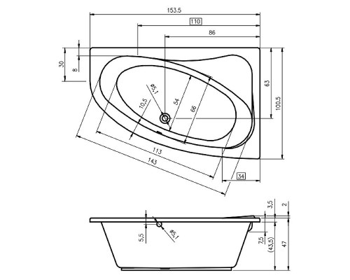 Заказать Акриловая ванна Riho Lyra 153x100 B022001005 (BA6800500000000) L без гидромассажа в магазине сантехники Santeh-Crystal.ru