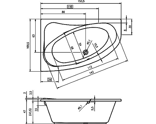Заказать Акриловая ванна Riho Lyra 153x100 B021001005 (BA6700500000000) R без гидромассажа в магазине сантехники Santeh-Crystal.ru