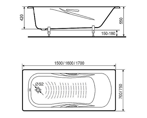 Купить Стальная ванна Roca Princess 170x75 2202E0000 с антискользящим покрытием в магазине сантехники Santeh-Crystal.ru