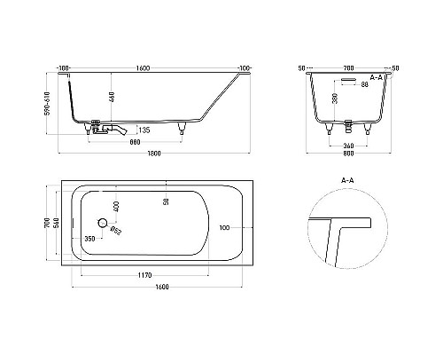 Купить Ванна из литьевого мрамора 180x80 см Salini S-Sense Orlanda Kit 102112G в магазине сантехники Santeh-Crystal.ru