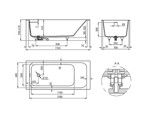 Купить Ванна из литьевого мрамора 170x70 см Salini S-Stone Orlanda Kit 102121M в магазине сантехники Santeh-Crystal.ru