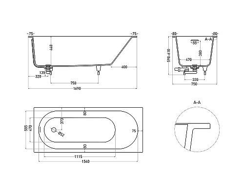 Заказать Ванна из литьевого мрамора 170x75 см Salini S-Sense Ornella Kit 102411G в магазине сантехники Santeh-Crystal.ru